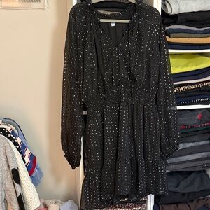 Old Navy Black Long Sleeve Smocked Waist Dress with Silver Dot Print